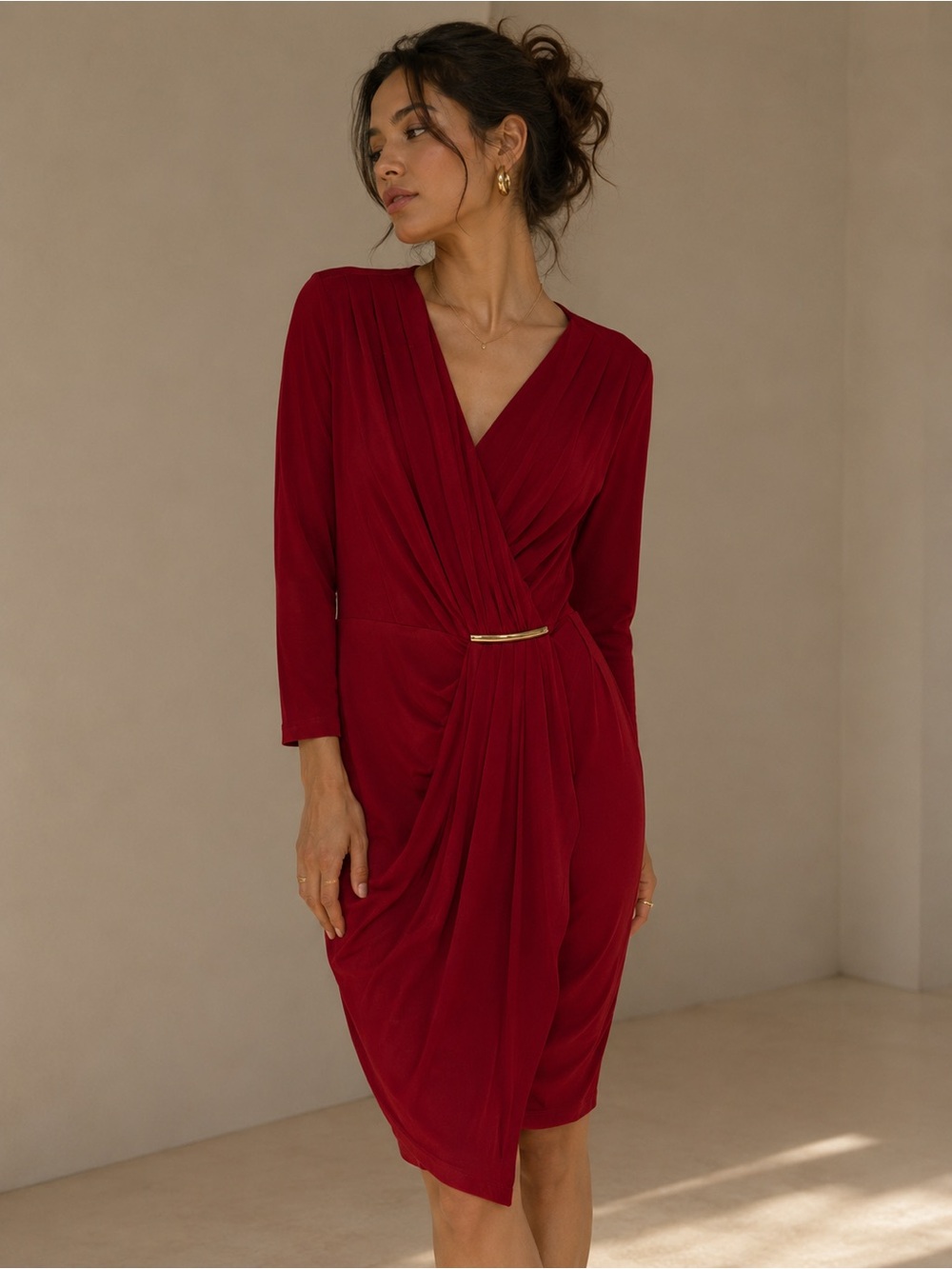 Boston Proper Elegant V-Neck Red Draped Wrap Dress Size 12